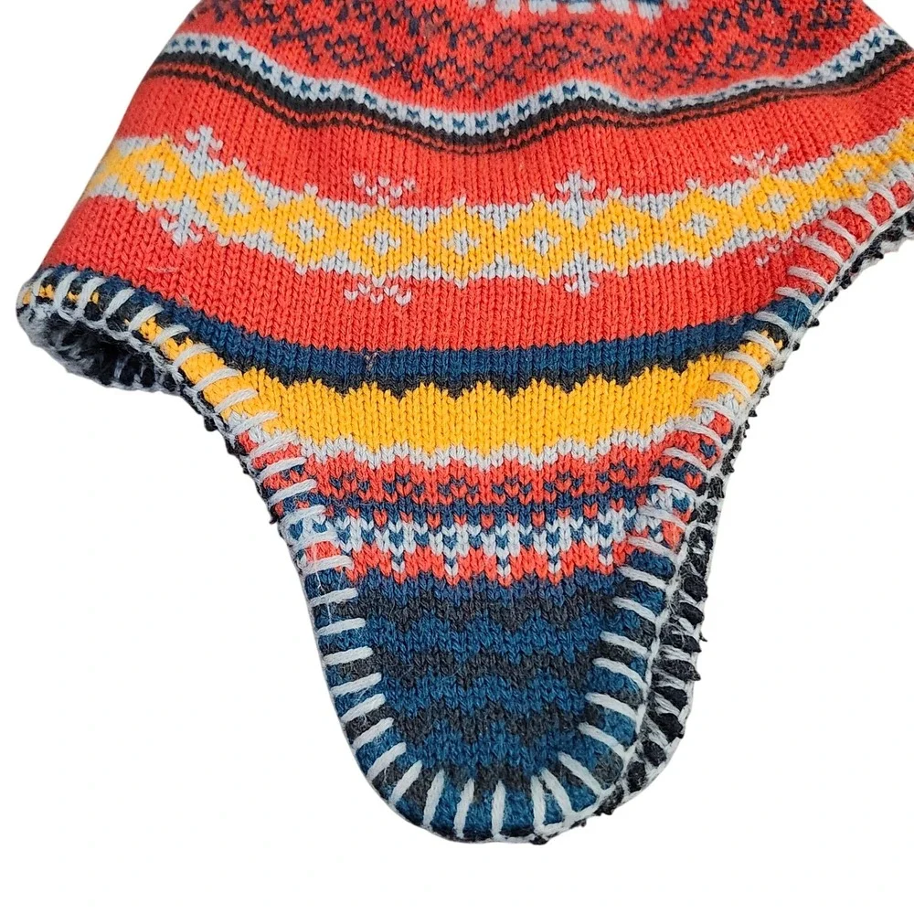 L.L. Bean Nordic Fair Isle Pom Beanie Hat Fleece Lined Ear‎ Flaps Kids S M